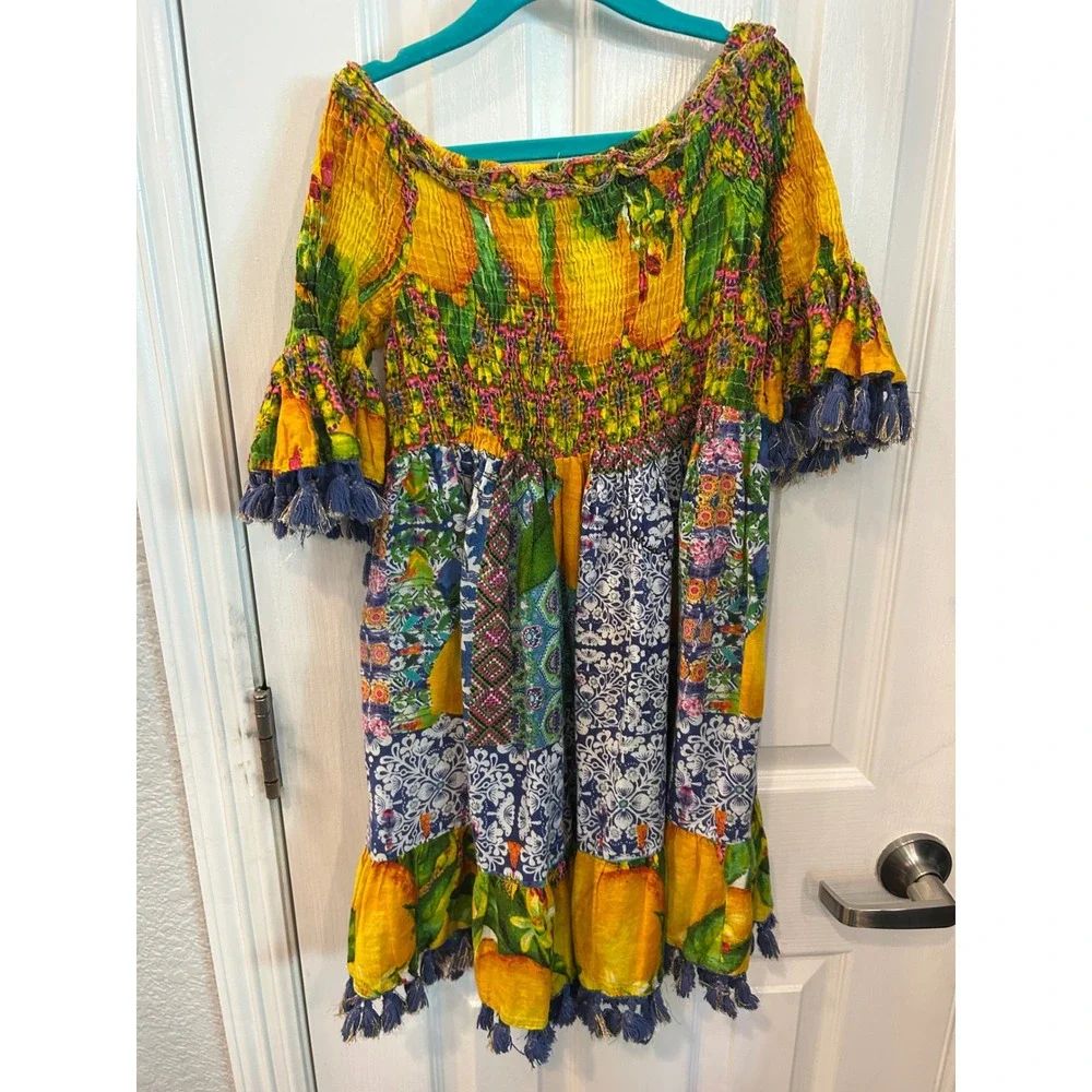 Antica Sartoria Dress Yellow Patchwork Lemon Beaded Tassel Boho Summer Kids OS